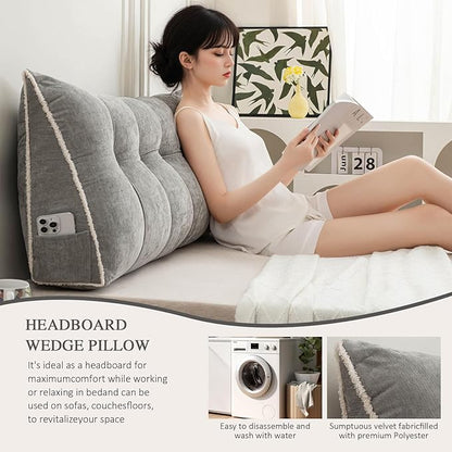 Headboard Pillow Queen, Chenille Triangular Wedge Pillow Headboard Queen Size, Reading Setting Backrest Daybed Pillows for Sofa Bed with Removable Cover, Grey