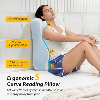 Ergonomic S Curve Reading Pillow for Sitting in Bed Adult- Back Pillow for Bed Sitting up with Adjustable Headrest- Memory Foam White, Blue