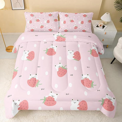 QOOMO Cartoon Bear Comforter Queen Size,Pink Strawberry Bedding Set for Kids Teens Girls,3Pcs Bedding Set Printed Comforter with 2 Pillowcases,Down Alternative,Soft and Lightweight，Queen Size