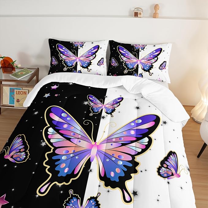 Purple Butterfly Full Comforter Set for Girls Kids,Aesthetics Butterflies Star Glitter Pattern Bedding Set for Teens Girls Room Decor,Nature Animal Themed Bedding Set with 2 Pillowcases.