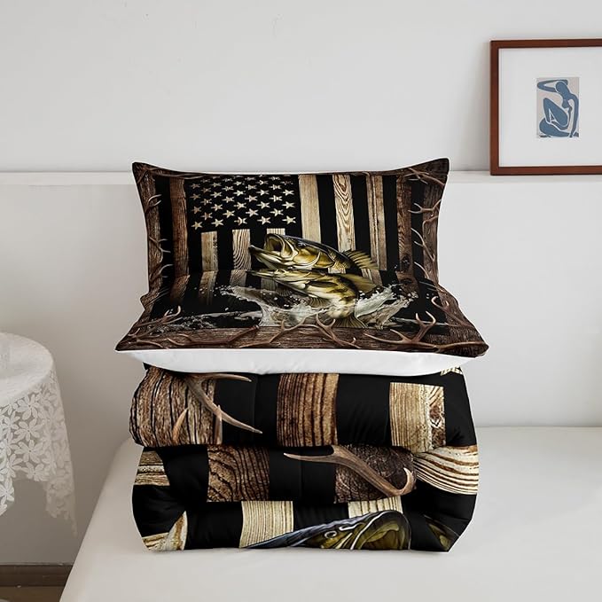 Vintage American Flag Comforter Set Full Size,3D Bass Fish Bedding Set,Hunting Fishing Teens Quilt Set for Kids Boys Adult Room Decor,Rustic Farmhouse Wooden Striped Duvet Insert,Black Brown