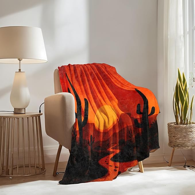 Desert Sunset Blanket Gifts for Boys Girls Kids, Western Cactus Landscape Warm Soft Flannel Throw Blankets for Travel, Sofa, Living Room, Bedroom Decor, 60x80 in