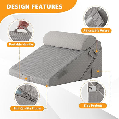 3PCS Wedge Pillow Set for After Surgery, Adjustable 9&12 Inch Bed Wedge Pillow for Sleeping, Incline Pillow Wedge for Headboard, Post Surgery, Acid Reflux, Neck&Back Support, Grey