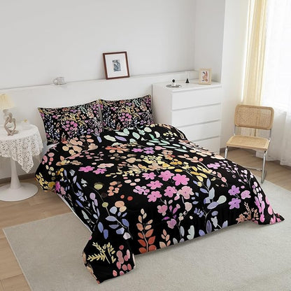 Erosebridal Colorful Floral Comforter Set Full Size,Cute Boho Pink Flower Bedding Set for Kids Girls Bedroom Decor,Watercolor Wild Flowers Quilt Bed Set Bohemian Wildflower Bed Comforter Set 3Pcs
