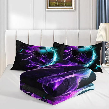Soccer Print Themed Comforter 3Pcs Queen Gaming Sport Soccer Grid Bedding Set for Kid Teen Girl Boy Adult Balls Sports Games Blue Light Football Quilt Decor with 1 Comforter and 2 Pillowcases