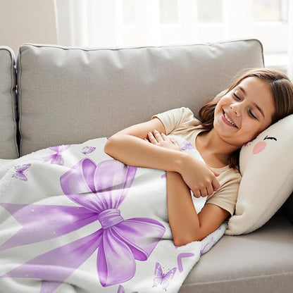 Bow Throw Blanket 60x50Inch Preppy Blanket Purple Bow Aesthetic Throw Blanket Coquette Flannel Soft Bow Plush Preppy Room Decor for Girls Women Birthday