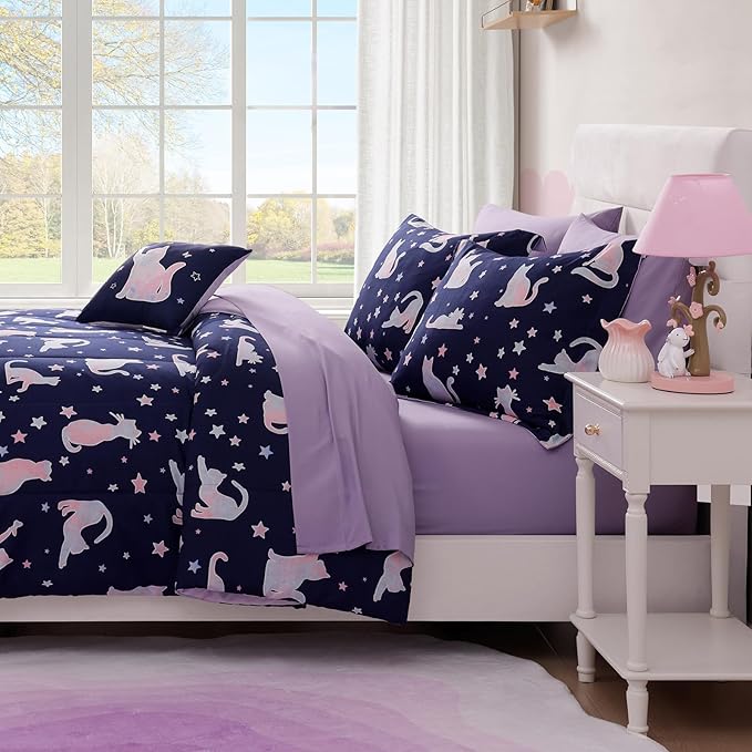 Full Size Comforter Set for Girls-4 Pieces Cute Cat Full Bedding Sets for Kids, 1 Comforter, 2 Shams and 1 Decor Pillow