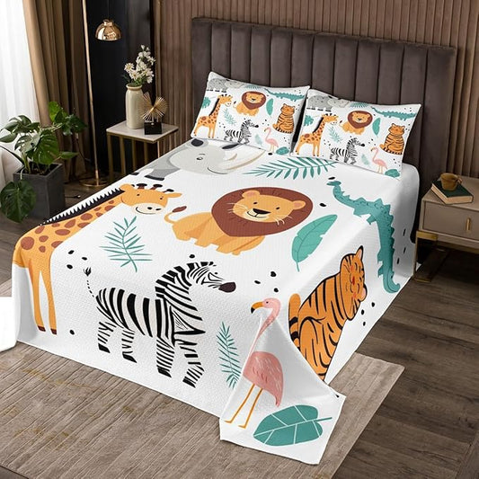 Erosebridal Lion Coverlet Set Tiger Bedspread Twin Size African Animals Bedding Set Botanical Quilt Set for Kids Boys Girls,Wild Safari Theme Big Cat Bedroom Decor