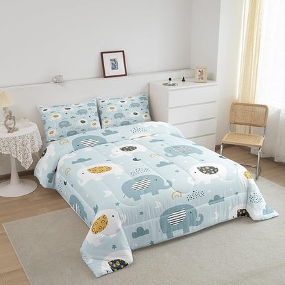 Feelyou Cartoon Elephant Bedding Set for Boys Girls Queen, Kids Zoo Animal Comforter Set Rainbow Elephant Comforter Wildlife Duvet Set 3Pcs