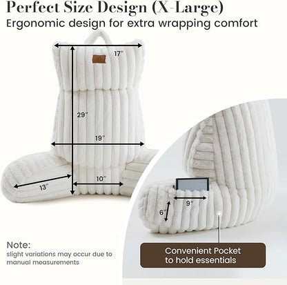 Amélie Home Faux Fur Reading Pillow with Pocket for Sitting in Bed, Adult Backrest Bed Pillow with Washable Cover for Lounging, Study & Relaxing, Ivory 29 inches