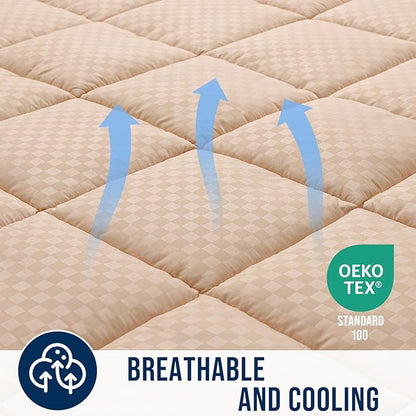 OLANLY Full Quilted Fitted Mattress Pad – Soft Pillow Top Mattress Topper, Down Alternative Fill, Cooling Comfort Breathable Mattress Cover, Machine Washable Deep Pocket Mattress Protector, Beige