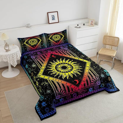 Castle Fairy Psychedelic Galaxy Full Size Comforter Set Sun Moon Star Planet Bedding Set for Kids Adults Teens Mandala Bohemian Comforter Luxury Hippy Hippie Gypsy Quilt Set Room Decor 3Pcs
