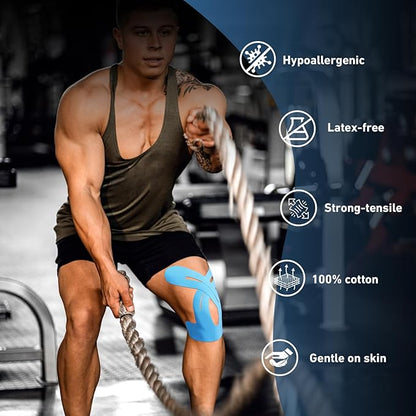 PreCut Kinesiology Tape for Knees, 12 PCS Waterproof KTQUICK Knee Tape for Knee Pain Relief Pre Cut, Original Cotton Athletic Knee Tape, Waterproof & Hypoallergenic Latex-Free for Sports (Blue)