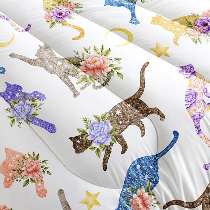 Flowers Cat Bedding Queen Cartoon Stars Moon Comforter 3 Pieces Colored Cute Cats Comforter Set for Teens Kids Boys Girls Adults Kawaii Cat Quilt with 1 Comforter and 2 Pillowcases