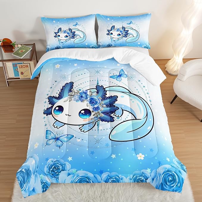 Cartoon Axolotl Bedding Comforter Set Full Size,Cute Ocean Animal Comforter Set for Kids Girls Room Decor,Blue Comforter Set Butterfly Flowers Bedding with 2 Pillowcases.