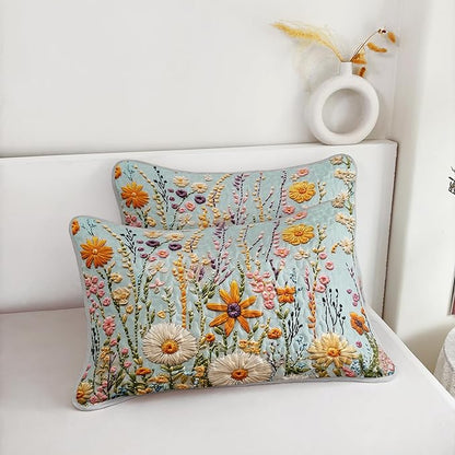 QOOMO Flower Quilt Set Twin Size,Floral Bedspread Coverlet Set,Embroidered Flower 3Pcs Bedding Set Printed Quilt with 2 Pillowcases,Soft and Lightweight,for All Seasons