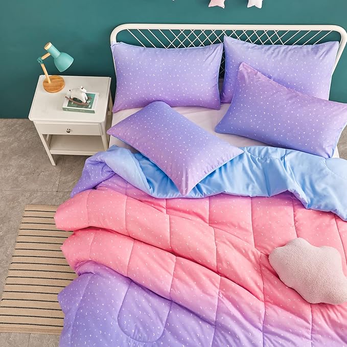 Yogeneg Pink Glitter Rainbow Kids Comforter Sets Full/Queen Size for Teen Girl &Boys Women,Metallic Printed Comforter with 2 Pillowcase, Microfiber 3 Piece Bedding Set,All Season(Rainbow A, Queen)