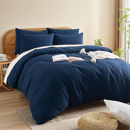 NEXHOME PRO Twin Duvet Cover Set, 100% Certified Organic Cotton with Washed Feel & Linen Like Texture, Comfortable & Breathable, Home Bedding Set Navy (No Comforter)