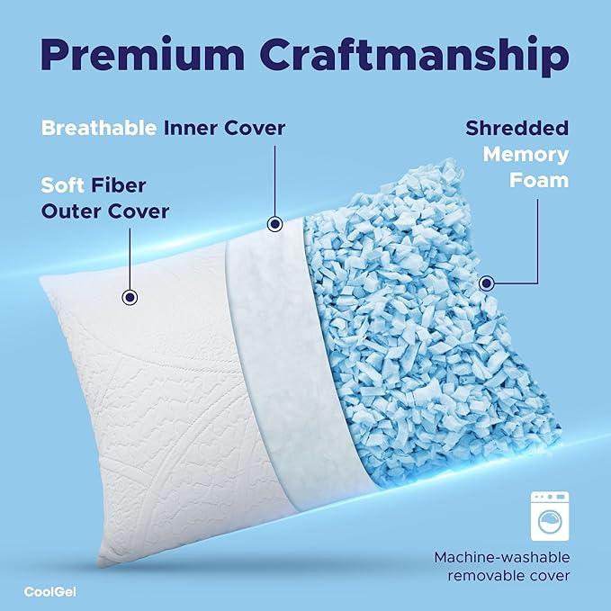 CoolGel Cooling Pillow Standard Size - Shredded Memory Foam Pillow with Double Sided Cooling Gel for Hot Sleepers, Breathable Washable Quilted Cover, Neck and Spine Support