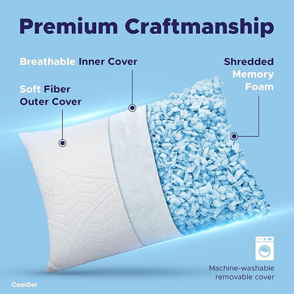 CoolGel Cooling Pillow Standard Size - Shredded Memory Foam Pillow with Double Sided Cooling Gel for Hot Sleepers, Breathable Washable Quilted Cover, Neck and Spine Support