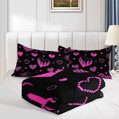 Heart Comforter Set Pink Rose Printed Bedding Set with 1 Comforter and 2 Pillowcases for Boys and Girls Bedroom All Season(Love Queen)