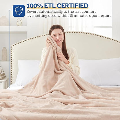 Sealy Electric Blanket Full Size, Flannel Heated Blanket with10 Heating Levels & Auto Shut Off, Machine Washable, Beige, 80 x 84 Inch