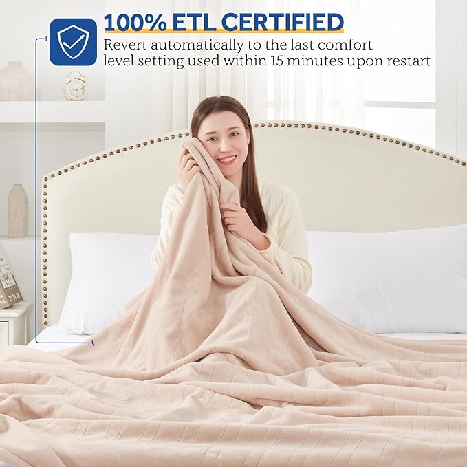 Sealy Electric Blanket Queen Size, Flannel Heated Blanket with 10 Heating Levels & 1-12 Hours Auto Shut Off, Fast Heating Warm Blanket, Machine Washable, Beige, 84 x 90 Inch