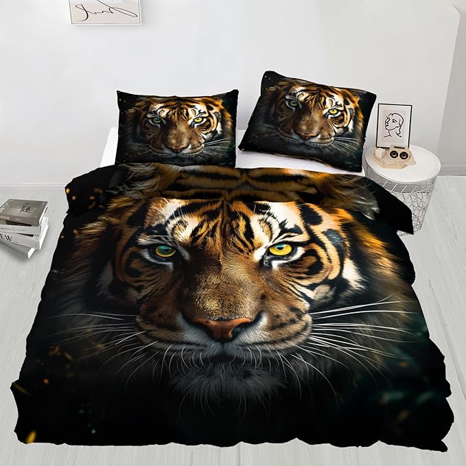 Tiger Duvet Cover Oversized King African Tiger Bedding Set 3 Piece Bedroom Decor Tropical Wild Animal Comforter Cover and 2 Pillow Sham with Zipper Closure