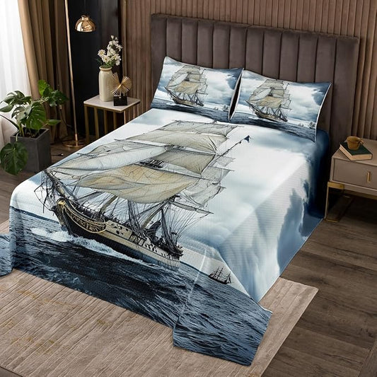 Erosebridal Nautical Coverlet Set Queen Size Retro Sailboat Bedspread for Boys Teens Kids Child,Ocean Theme Bedding Set Ocean Boat Quilt Set,Pirate Ship Bedroom Decor Vintage Style
