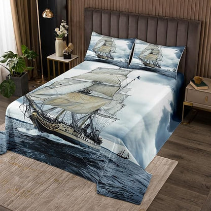 Erosebridal Nautical Coverlet Set Twin Size Retro Sailboat Bedspread for Boys Teens Kids Child,Ocean Theme Bedding Set Ocean Boat Quilt Set,Pirate Ship Bedroom Decor Vintage Style