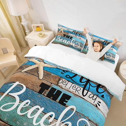 Lake House Duvet Cover Twin Size,Blue Farmhouse Barn Door Bedding Set for Kids Teens Adults Room Decor,Hawaiian Ocean Comforter Cover Starfish Sea Life Quilt Cover,1 Pillowcase,Vintage Brown
