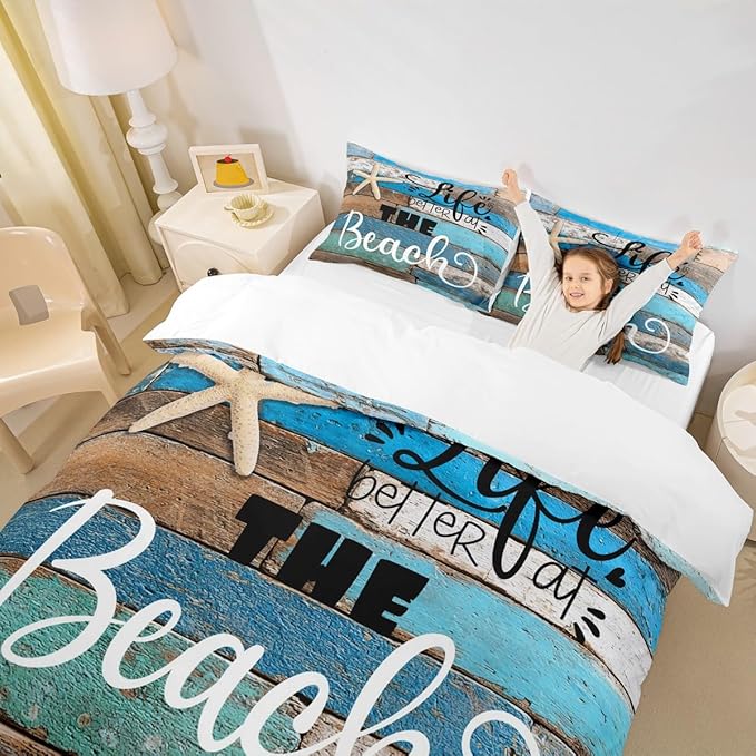 Blue Farmhouse Barn Door Duvet Cover Full Size,Lake House Bedding Set for Kids Teens Adults Room Decor,Hawaiian Ocean Comforter Cover Starfish Sea Life Quilt Cover,2 Pillowcases,Vintage Brown
