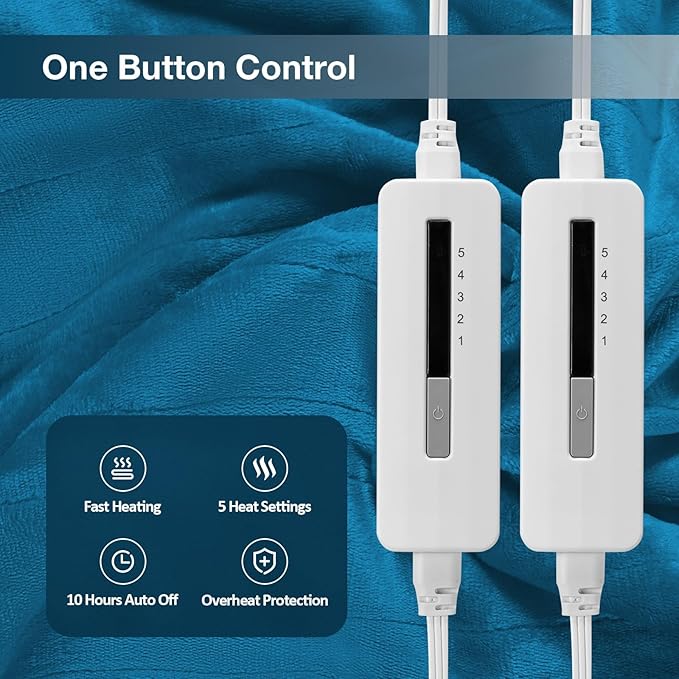 Electric Heated Blanket Queen Size 84"x 90",Dual Control Super Cozy Soft Flannel with 5 Heat Levels &10 Hours Auto Off, Home Office Use & Machine Washable, Teal/Blue Green
