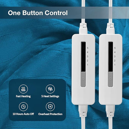 Electric Heated Blanket Queen Size 84"x 90",Dual Control Super Cozy Soft Flannel with 5 Heat Levels &10 Hours Auto Off, Home Office Use & Machine Washable, Teal/Blue Green