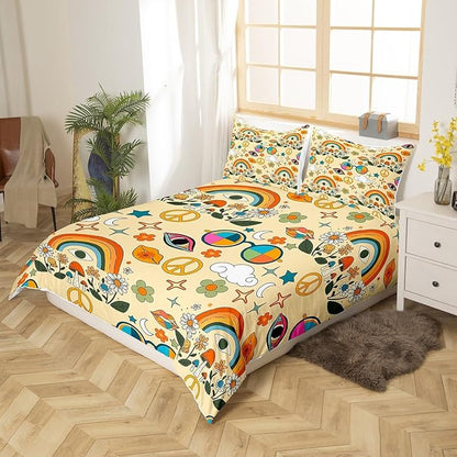Castle Fairy Retro 70s Hippie Style Bedding Set Twin Size,Mushroom Duvet Cover for Kids Boys Bed Comforter Cover Set,Rainbow Floral Stars Moon Bedding Quilt Cover Set Decorative 2 Pieces