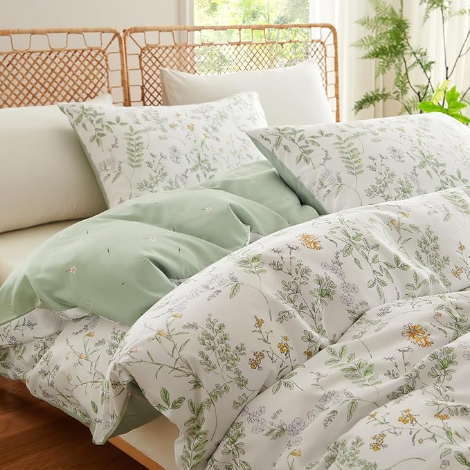 Botanical Duvet Cover Full Sage Green Reversible Floral Bedding Set Farmhouse Leaf Bedding 3Pcs Modern Aesthetic Duvet Covers with Zipper Closure Ultra Soft Microfiber