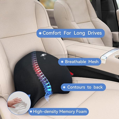 Really Supportive Lumbar Support Pillow for Car, 100% Memory Foam Lumbar Pillow with Breathable Removable Cover, Ergonomic Design - Back Pillow for Car Seat/Back Pain Relief(Timeless Black, 1PC)