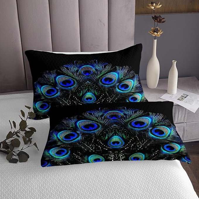 Erosebridal Peacock Feather Coverlet Set Wild Animal Bedspread for Kids Child Teens,Wildlife Bedding Set Fashion Novelty Luxurious Bedroom Decor King Size Blue Green Teal Black