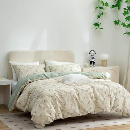 Floral Duvet Cover Set Queen - 100% Cotton 3 Pieces Bedding for Girls, Reversible Chic Garden Style Pattern Printed With Zipper Closure