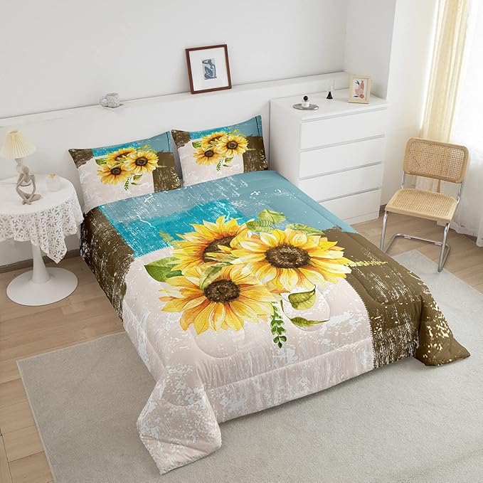 Feelyou Abstract Comforter Sunflowers Yellow Flroral Comforter Set for Boys Girls Children Grey Blue Brown Modern Abstract Art Bedding Set Room Decor King Size Duvet Set 3Pcs