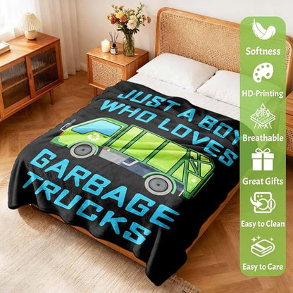 Boy Who Loves Garbage Trucks Blanket Soft Blankets and Throws Flannel Cozy Lightweight Quilt Gift Perfect for Bed Sofa Couch-80 x60 Large for Adult