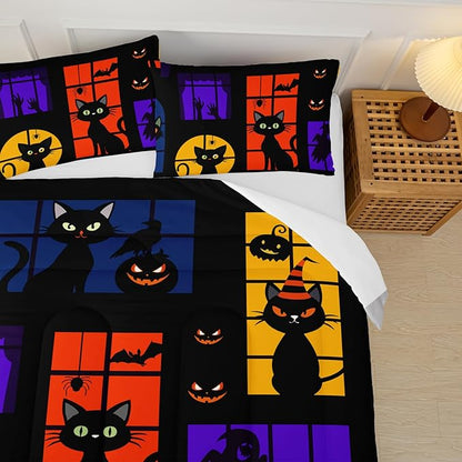 Halloween Black Cat Kids Comforter Set Full，Full Size Halloween Bedding Set,Cat Bedding Set for Girls Teens Kids Boys Adults Room Decor with 1 Comforter with 2 Pillow Case