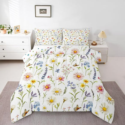 Erosebridal Wildflower King Bedding Set for Girls,Cute Boho Floral Comforter Set for Kids Women,Colorful Flower Butterfly Bed Set,Bohemian Country Flowers Room Decor with 2 Pillowcases