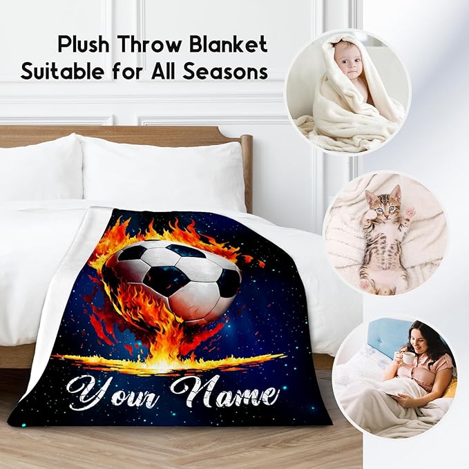Personalized Soccer Blanket Gifts for Kids - Custom Soccer Gift for Boys 8-12, Sports Throw Blankets for Team Player Adults Men - Soft Plush Girls Throws for Couch, Bed (Blue, 50x60 Inch)