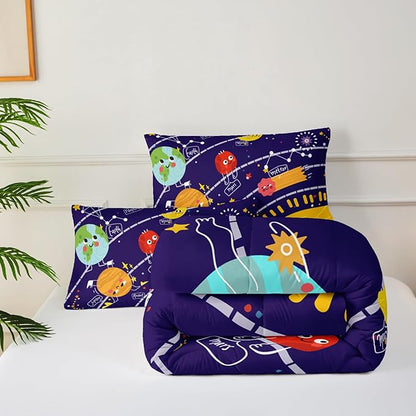Cartoon Outer Space Theme Comforter Set Queen for Kids，Boys Queen Size Bedding Set Galaxy，Galaxy Quilt Queen Size，with 1 Comforter with 2 Pillow Case