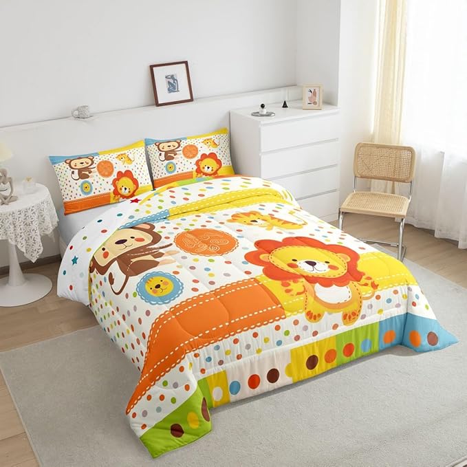 Lion Tiger Monkey Bedding Set Twin Size Cartoon Wild Animal Comforter Set for Kids Teens Room Decor Colorful Polka Dots Duvet Insert Cute Wildlife Theme Down Comforter Set,2Pcs