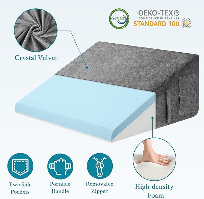 Wedge Pillow for Sleeping, 12" Bed Wedge Pillow for After Surgery, Triangle Pillow Wedge for Heartburn, Acid Reflux, GERD, Back Pain Relief, Neck Pain, Soft & Cooling Memory Foam Top