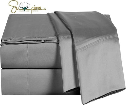 100% Supima Cotton Sheets 600 Thread Count,Bed Sheet Set King Size Sheets 4 Pieces,Soft & Silk Sateen Weave, Fits Mattress Up to 18'',Deep Pocket, Breathable & Fade Resistant(Grey,King)