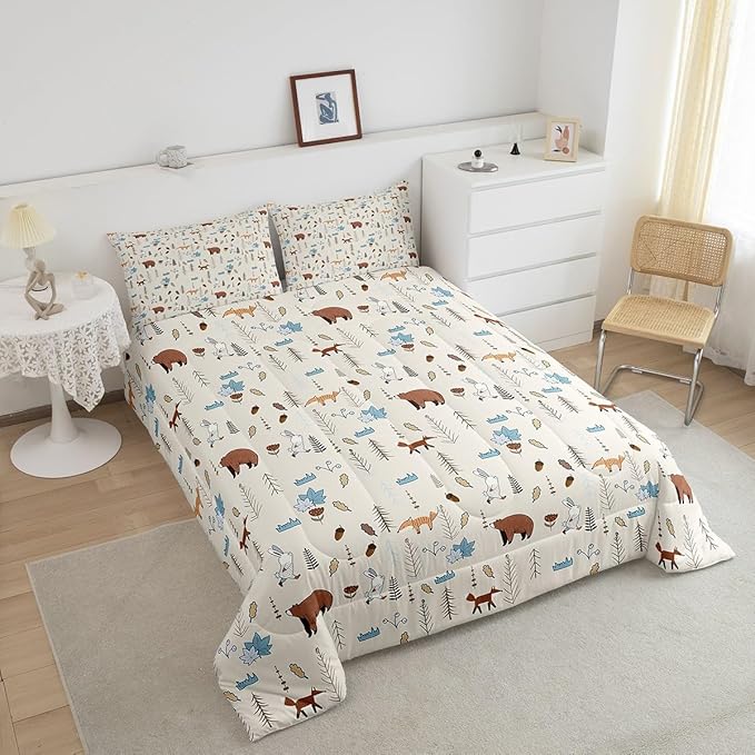 Kids Bear Fox Comforter Set Queen Size Cartoon Rabbit Pine Trees Bedding Set 3Pcs,Girls Boys Teens Jungle Adventure Hunt Animals Quilt Set Room Decor Rustic Beige Duvet Insert,2 Pillowcases