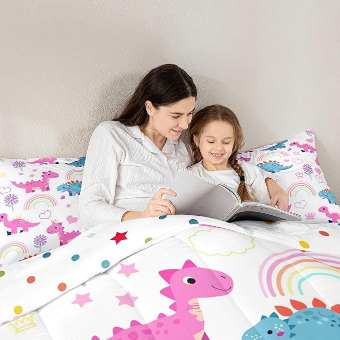 Castle Fairy Kawaii Dino Kids Comforter Set King Size,Cute Rainbow Floral Love Heart Reversible Quilted Duvet with 2 Pillowcases Purple Blue Dinosaur Lovely Animal Comforter for Boys Teens Bedroom